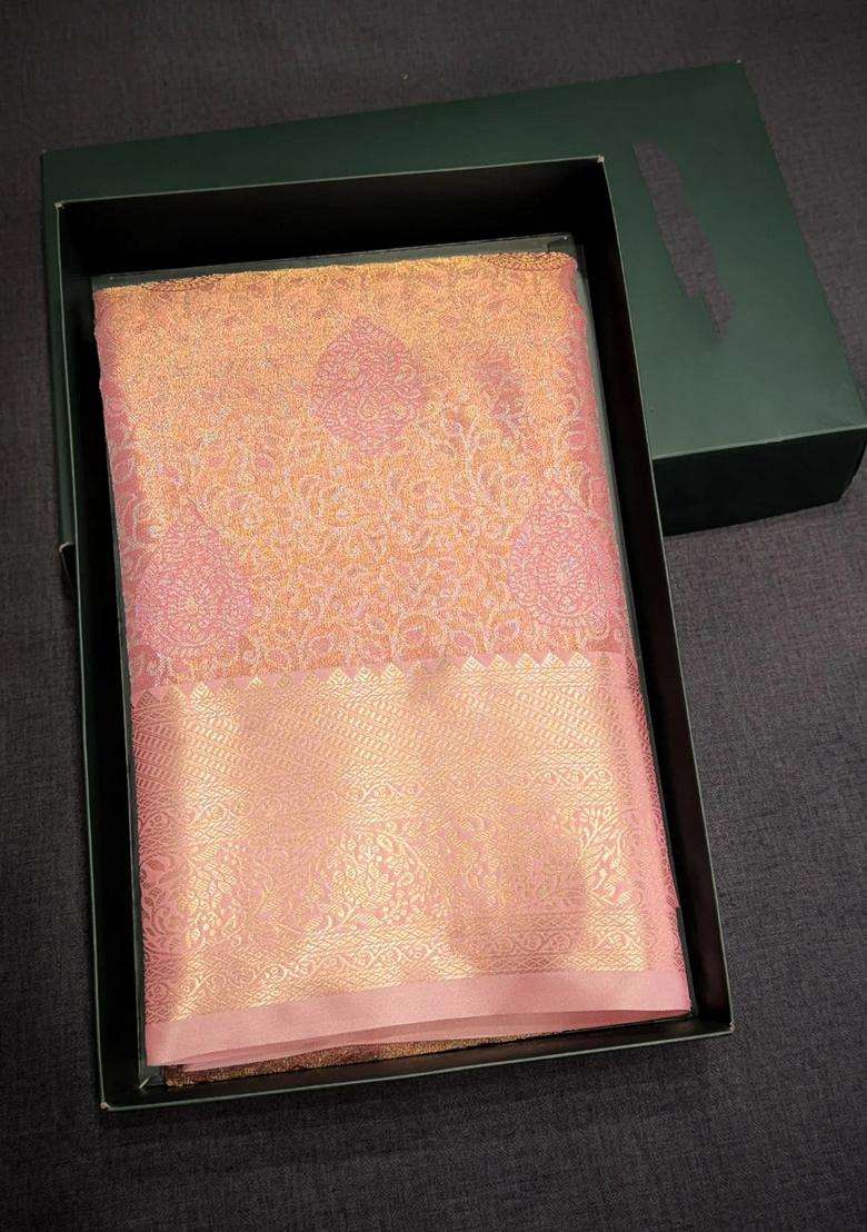 Pink Tissue Kanchipuram Saree With Traditional Woven Design For Women - Indya