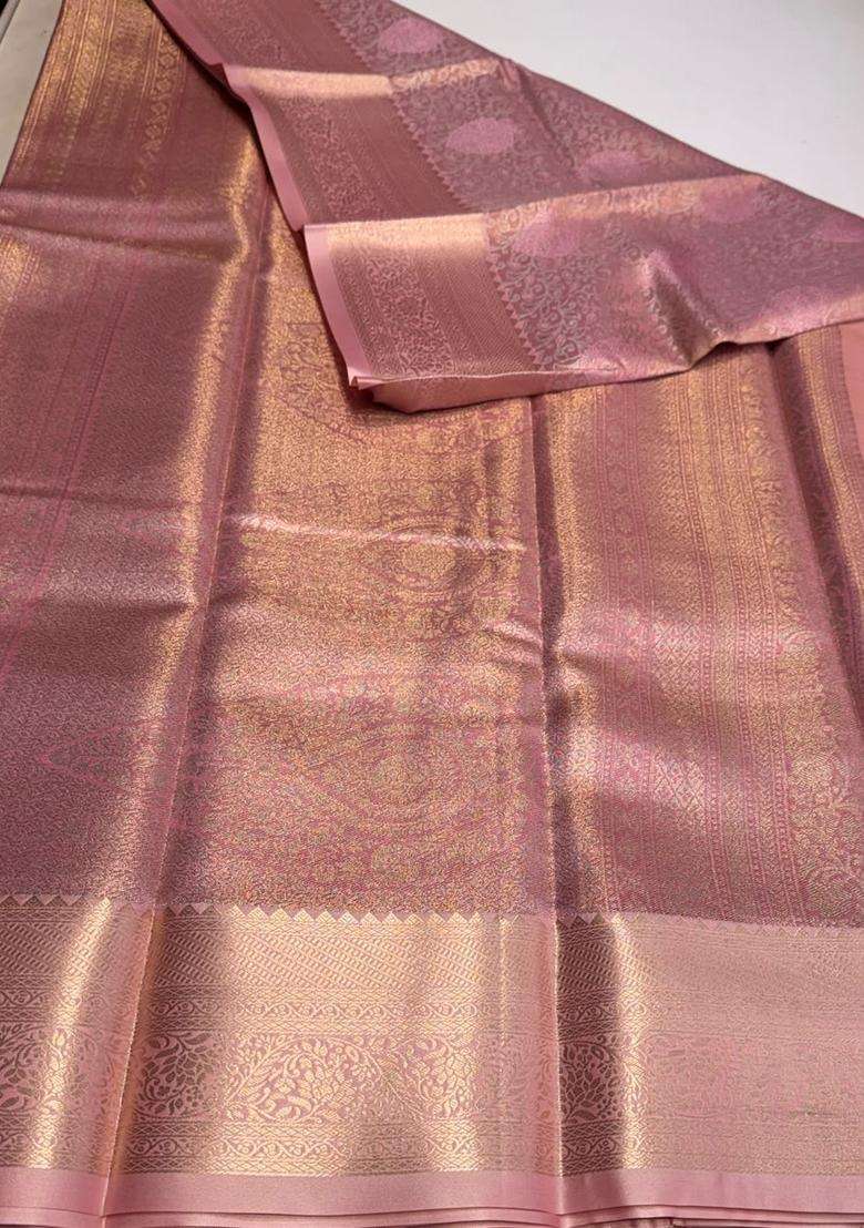 Pink Tissue Kanchipuram Saree With Traditional Woven Design For Women - Indya