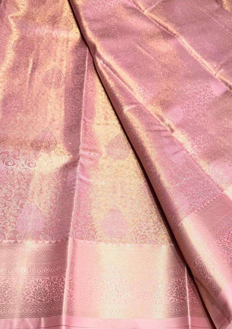 Pink Tissue Kanchipuram Saree With Traditional Woven Design For Women - Indya