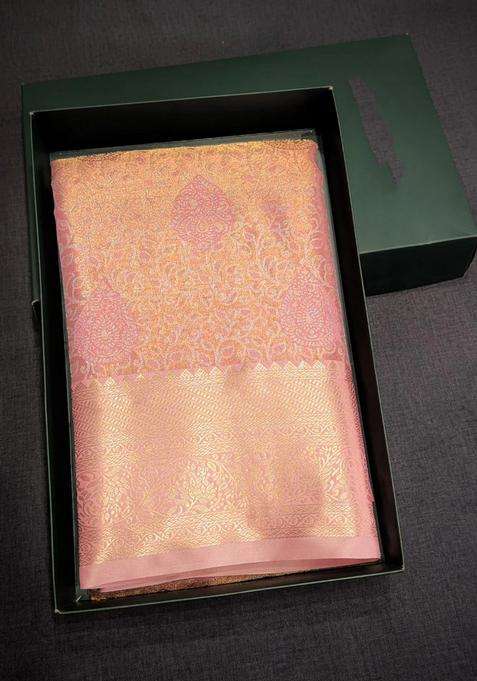 Pink Tissue Kanchipuram Saree With Traditional Woven Design For Women