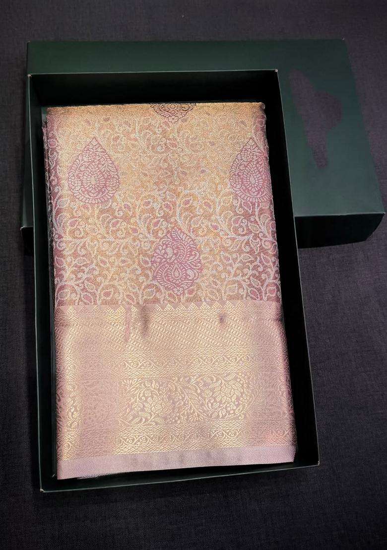 Lavender Tissue Kanchipuram Saree With Traditional Woven Design For Women - Indya