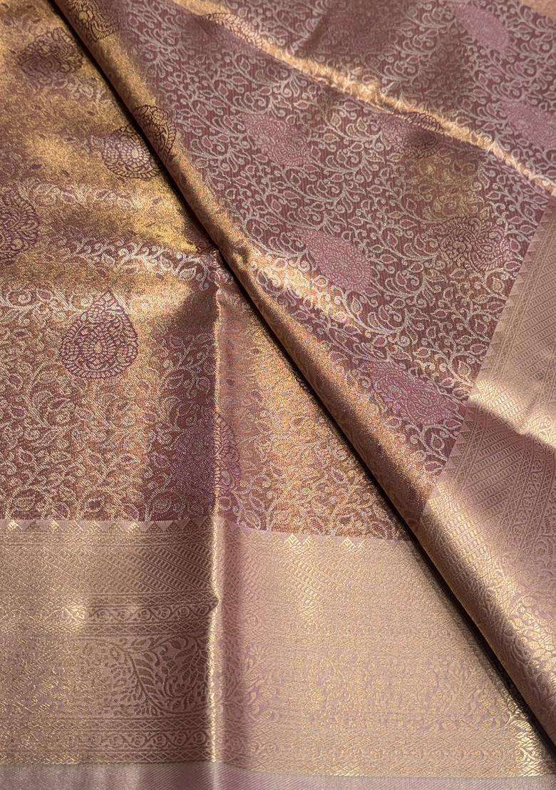 Lavender Tissue Kanchipuram Saree With Traditional Woven Design For Women - Indya