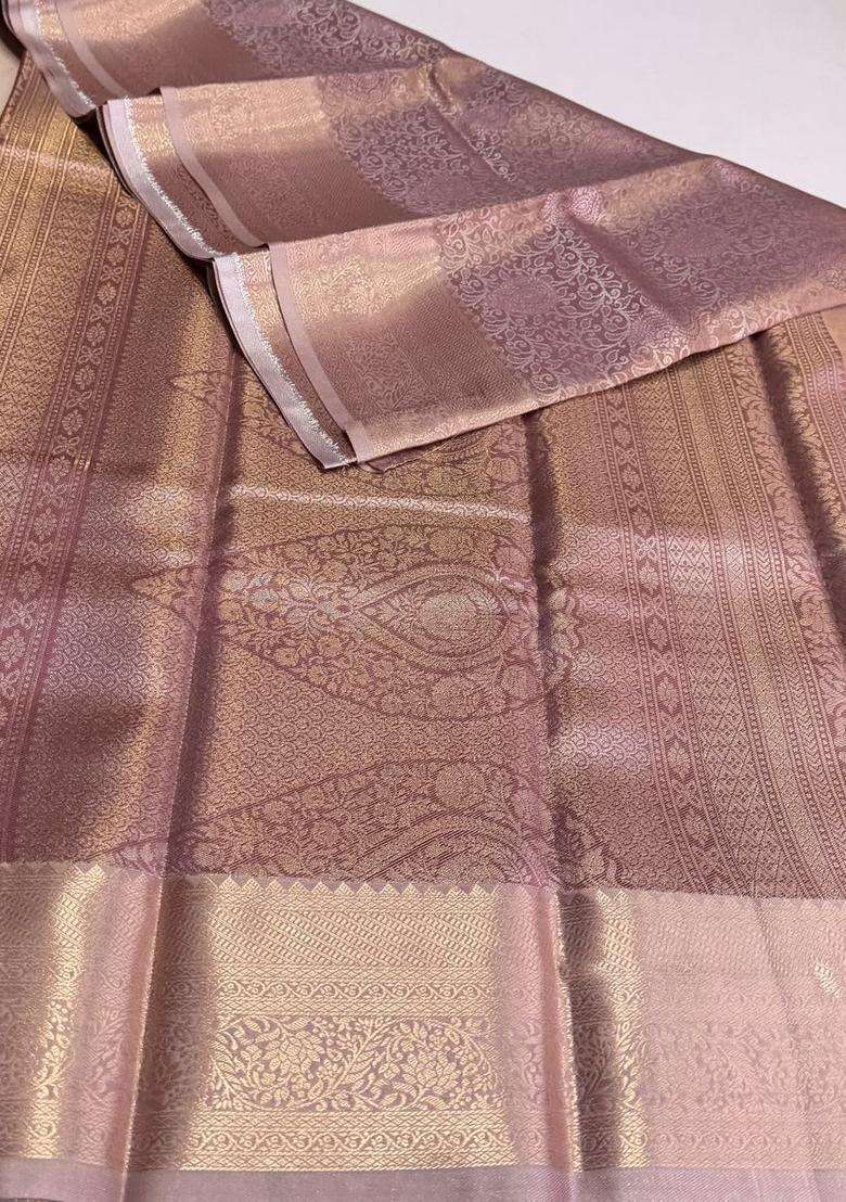 Lavender Tissue Kanchipuram Saree With Traditional Woven Design For Women - Indya