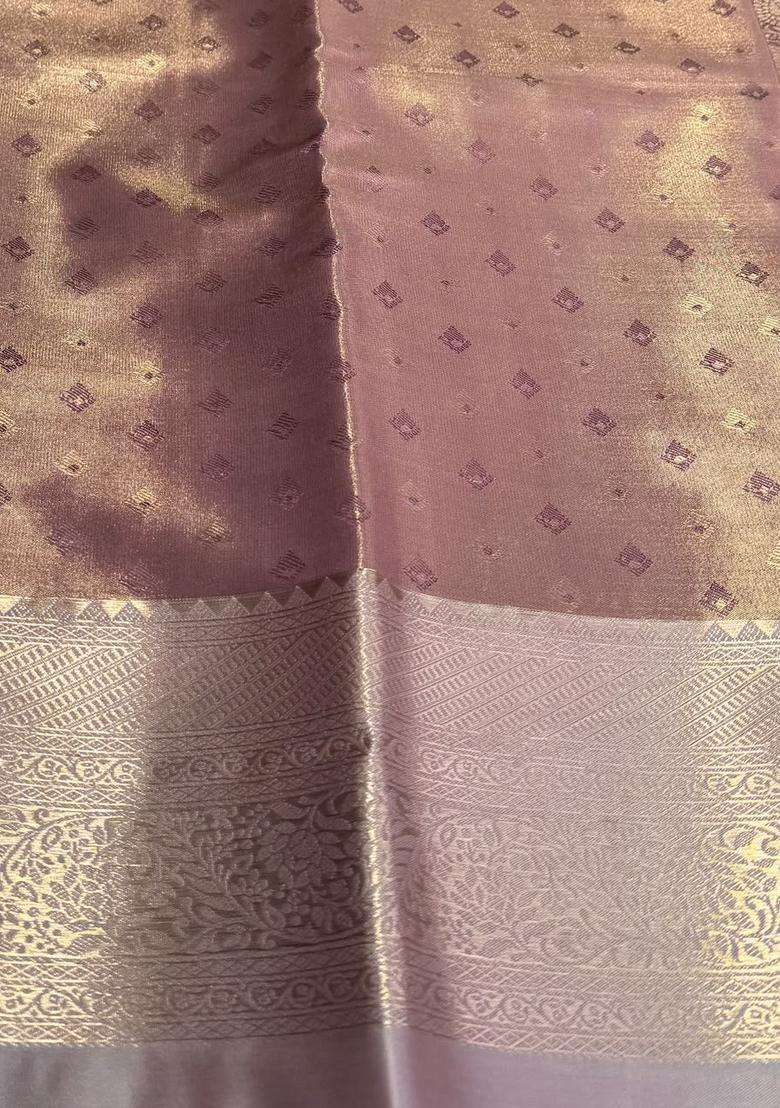 Lavender Tissue Kanchipuram Saree With Traditional Woven Design For Women - Indya
