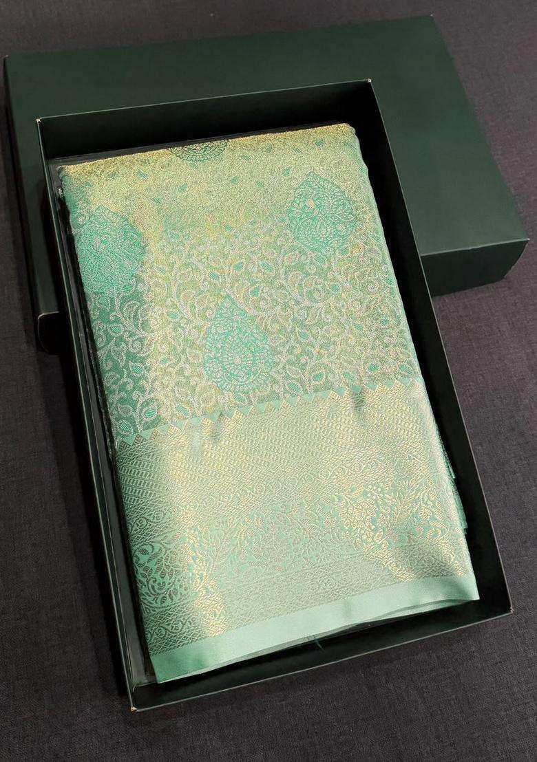 Pastal Green Tissue Kanchipuram Saree With Traditional Woven Design For Women - Indya