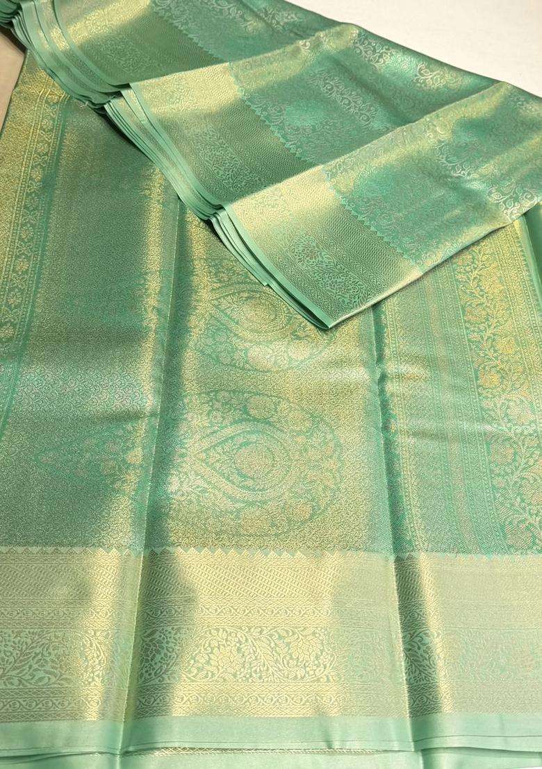 Pastal Green Tissue Kanchipuram Saree With Traditional Woven Design For Women - Indya