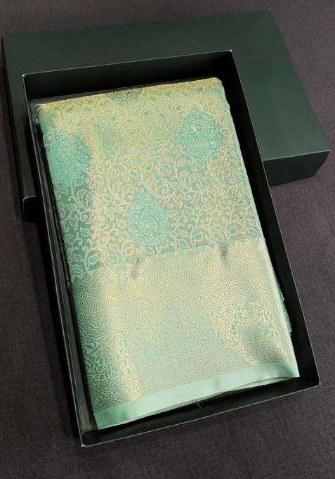 Pastal Green Tissue Kanchipuram Saree With Traditional Woven Design For Women