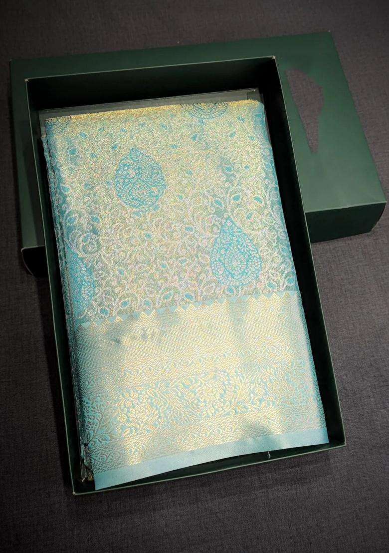 Pastal Blue Tissue Kanchipuram Saree With Traditional Woven Design For Women - Indya