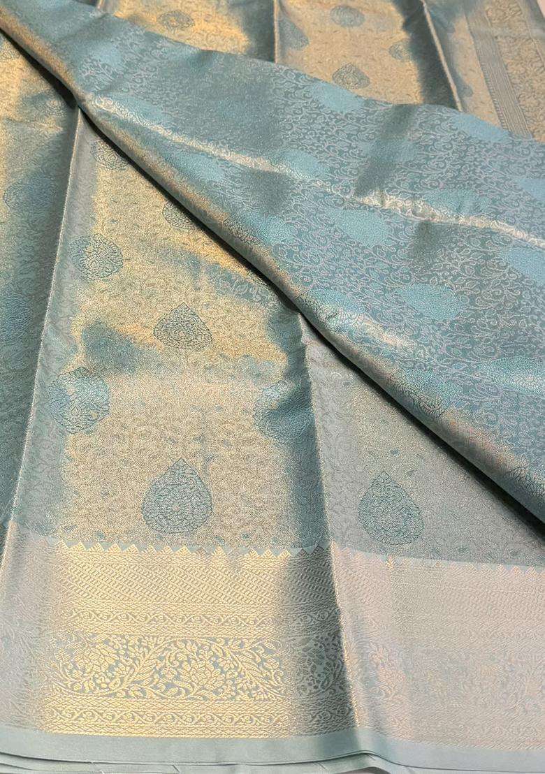 Pastal Blue Tissue Kanchipuram Saree With Traditional Woven Design For Women - Indya