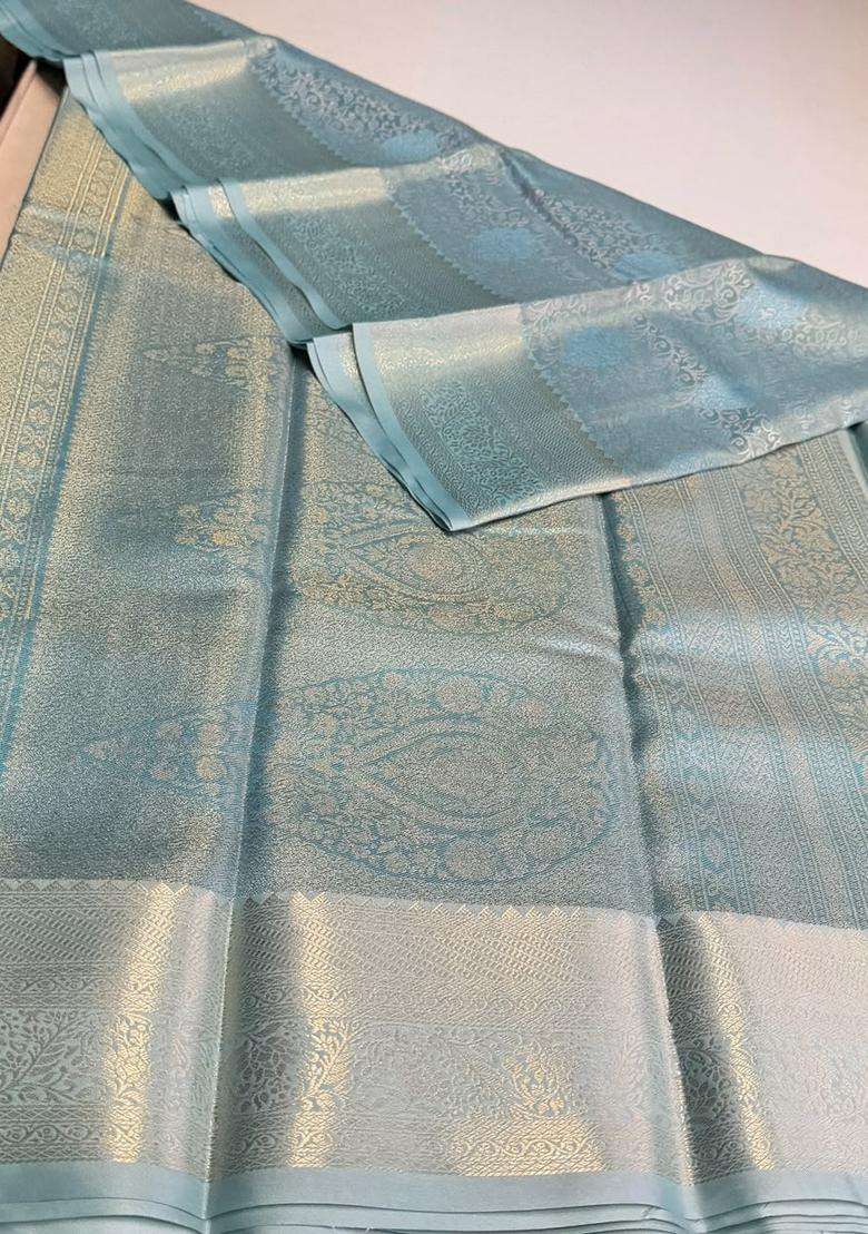 Pastal Blue Tissue Kanchipuram Saree With Traditional Woven Design For Women - Indya
