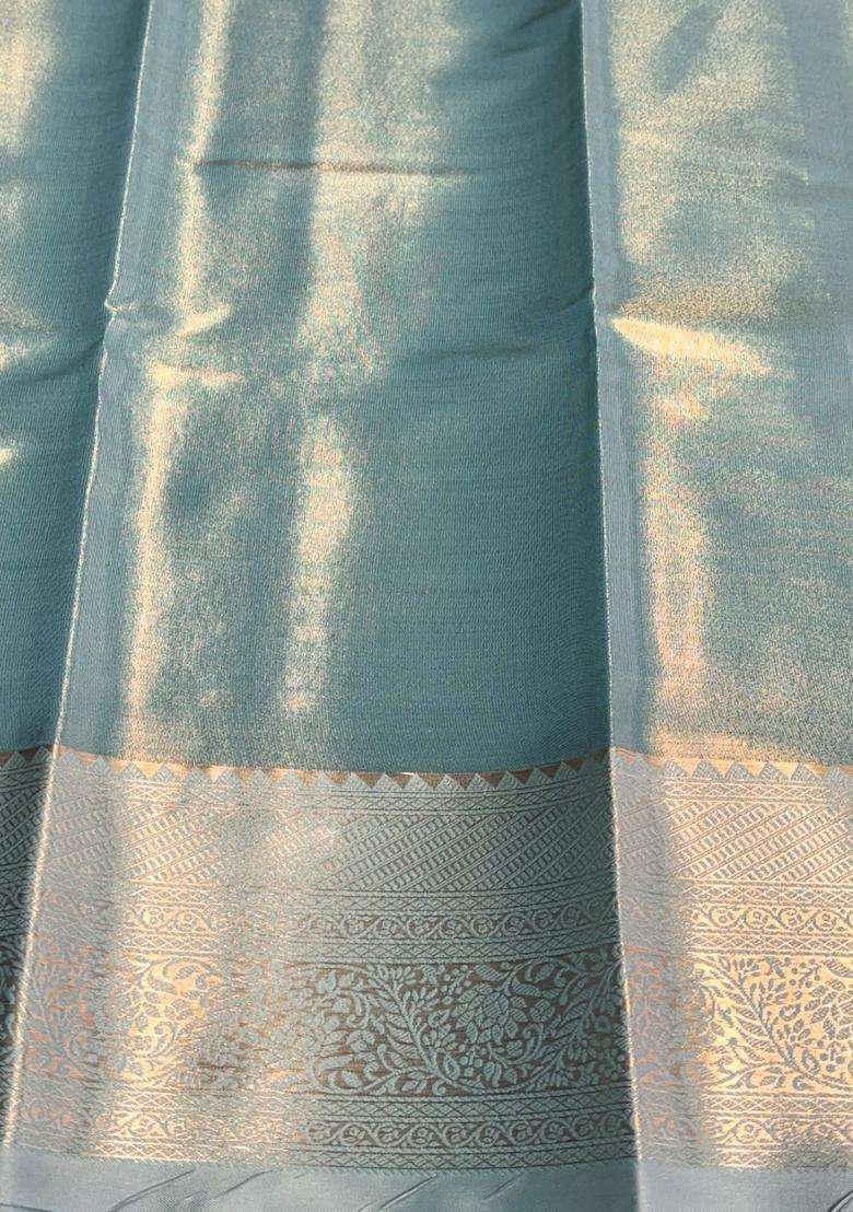 Pastal Blue Tissue Kanchipuram Saree With Traditional Woven Design For Women - Indya