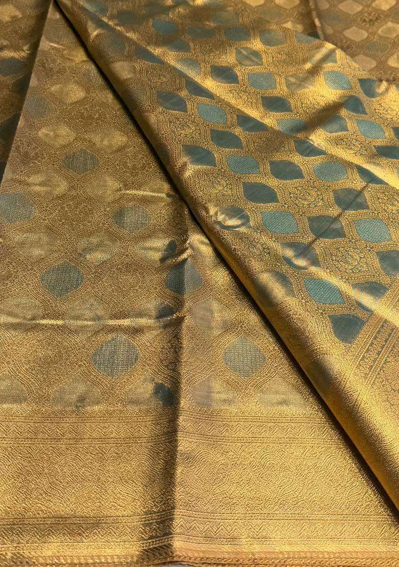 Pastal Blue Tissue Kanchipuram Saree With Traditional Woven Design For Women - Indya