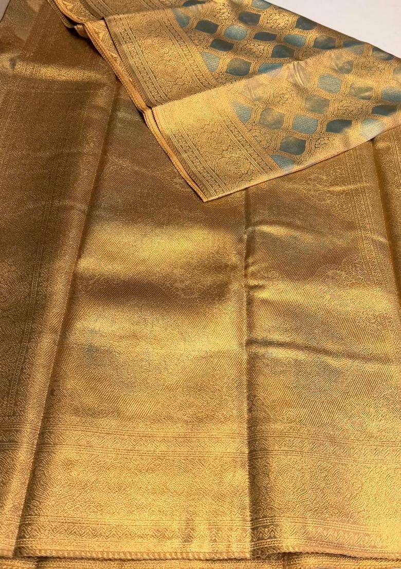 Pastal Blue Tissue Kanchipuram Saree With Traditional Woven Design For Women - Indya