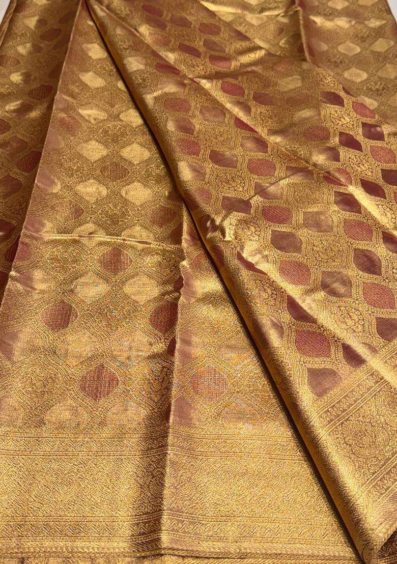Mauve Pink Tissue Kanchipuram Saree With Traditional Woven Design For Women - Indya