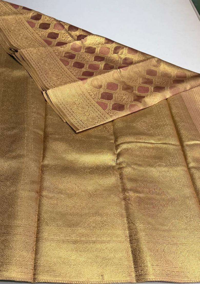 Mauve Pink Tissue Kanchipuram Saree With Traditional Woven Design For Women - Indya