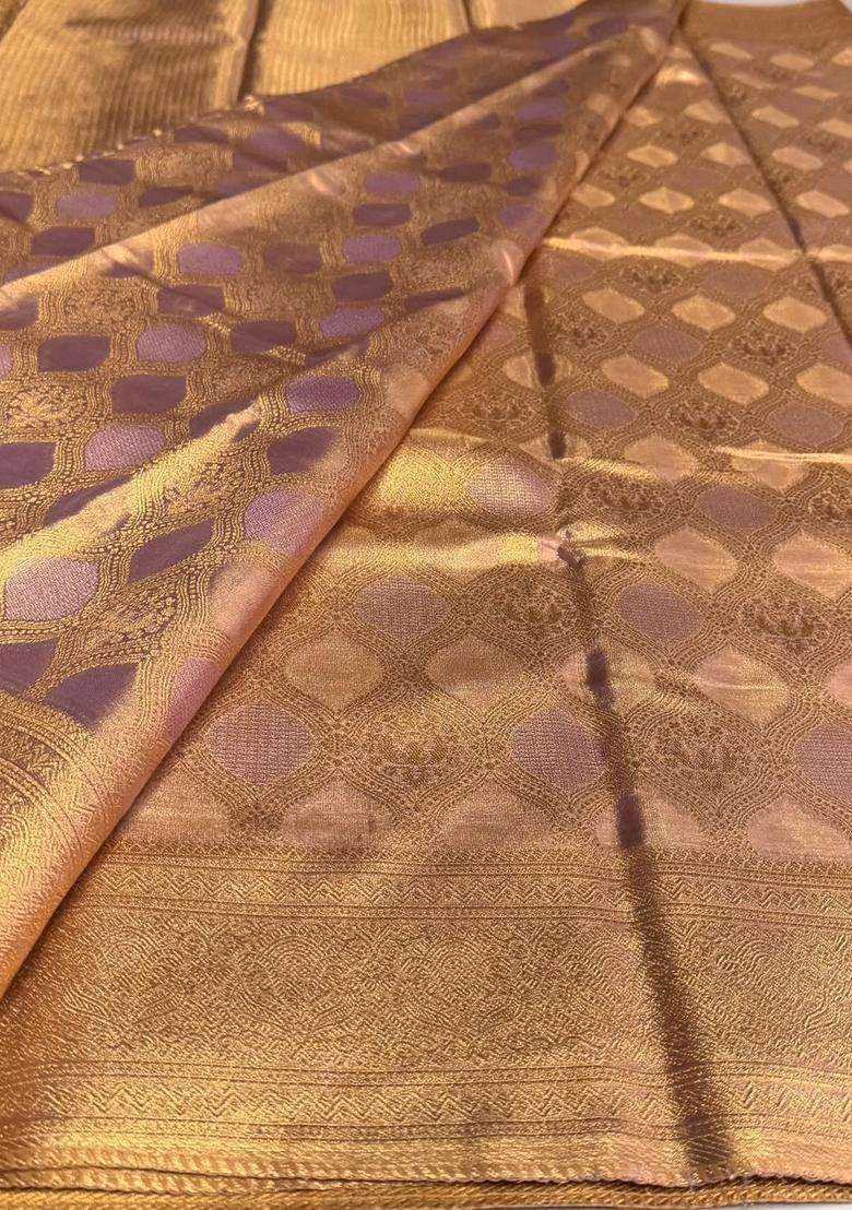 Lavender Tissue Kanchipuram Saree With Traditional Woven Design For Women - Indya