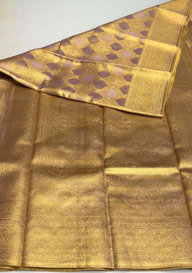 Lavender Tissue Kanchipuram Saree With Traditional Woven Design For Women - Indya