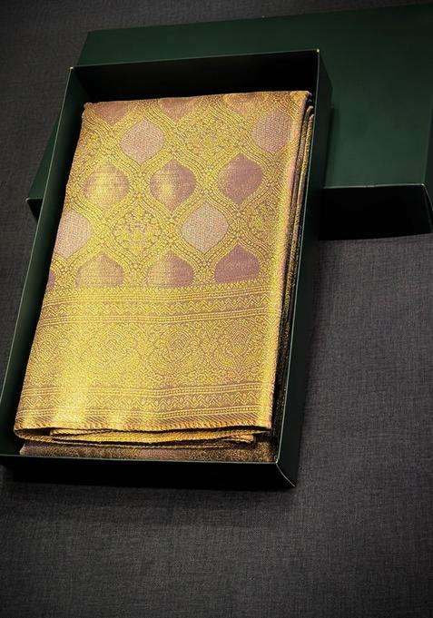 Lavender Tissue Kanchipuram Saree With Traditional Woven Design For Women