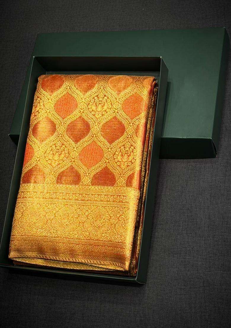 Bronze Tissue Kanchipuram Saree With Traditional Woven Design For Women - Indya