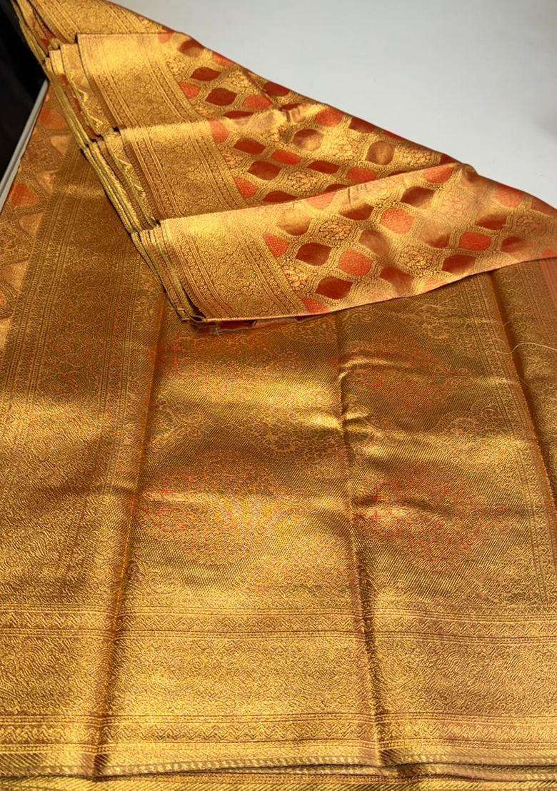 Bronze Tissue Kanchipuram Saree With Traditional Woven Design For Women - Indya