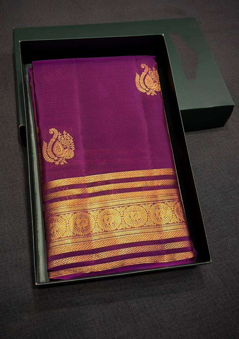 Purple Pure Vintage Kanchipuram Silk Saree With Traditional Woven Design For Women - Indya