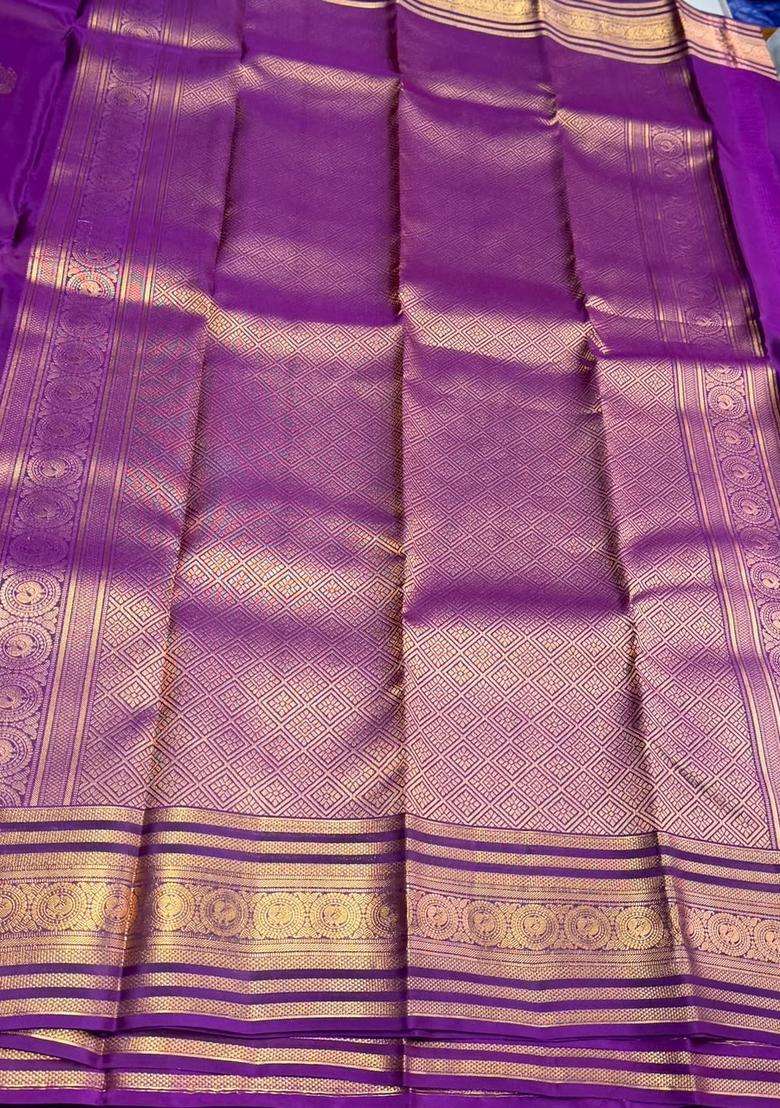 Purple Pure Vintage Kanchipuram Silk Saree With Traditional Woven Design For Women - Indya