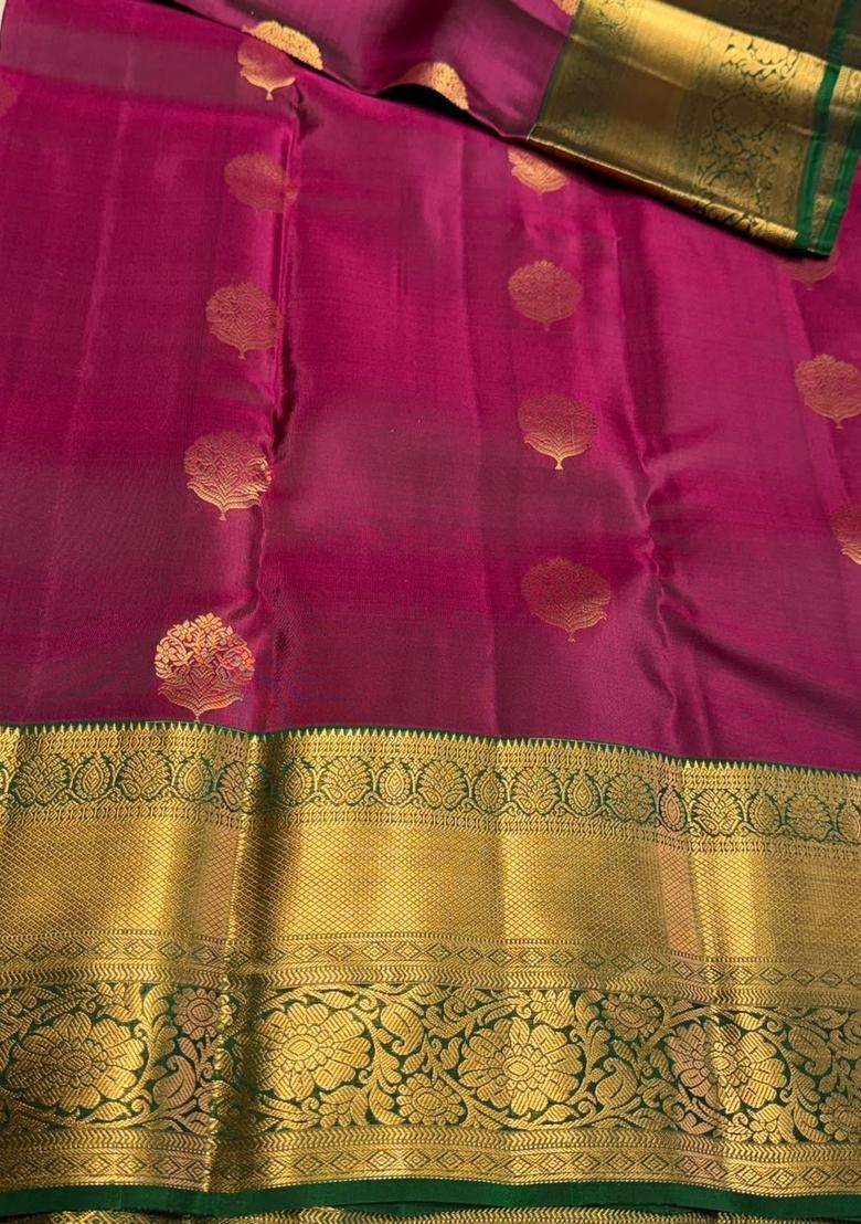 Purple And Green Pure Vintage Kanchipuram Silk Saree With Traditional Woven Design For Women - Indya