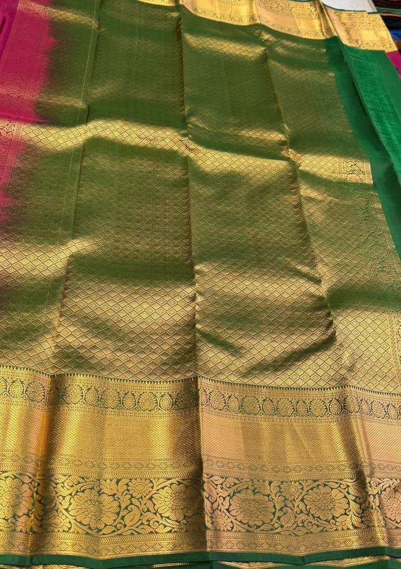 Purple And Green Pure Vintage Kanchipuram Silk Saree With Traditional Woven Design For Women - Indya