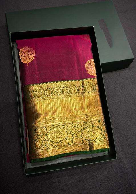Purple And Green Pure Vintage Kanchipuram Silk Saree With Traditional Woven Design For Women