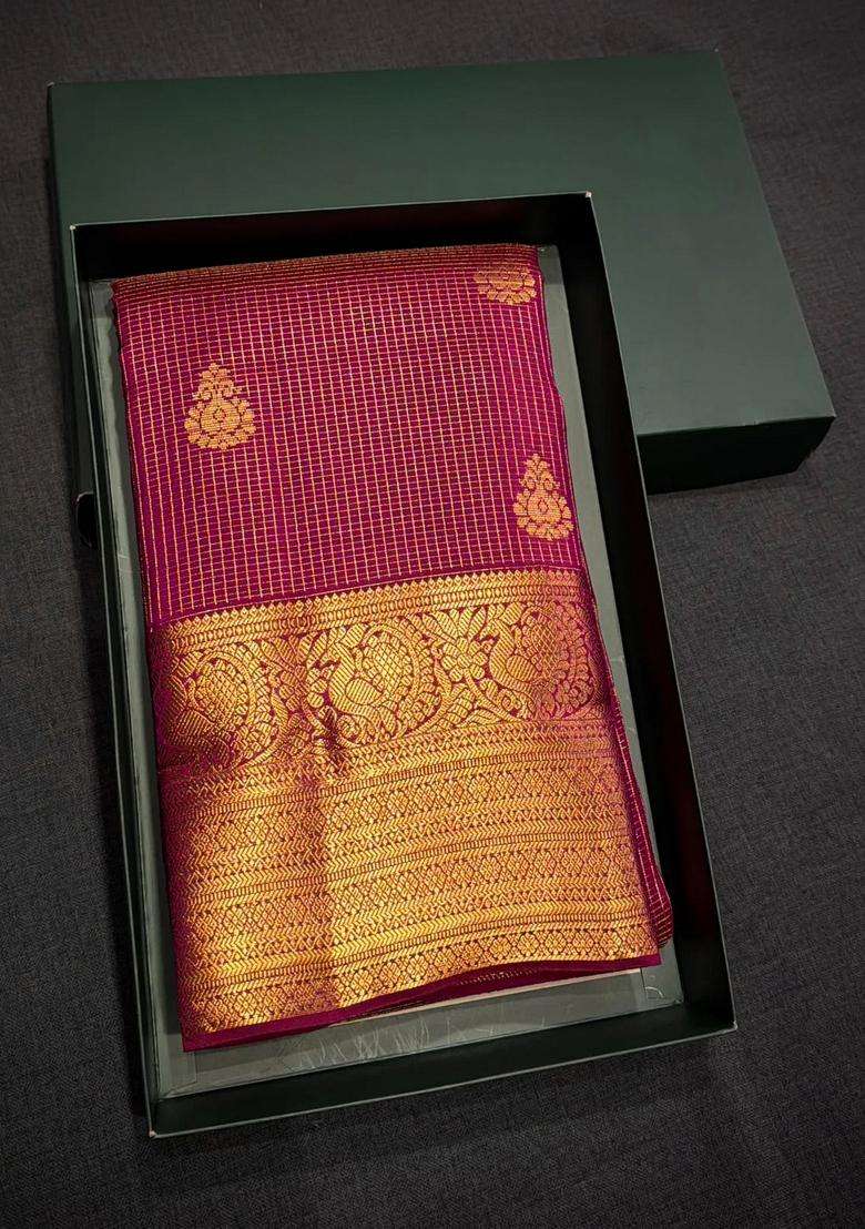 Purple Pure Vintage Kanchipuram Silk Saree With Traditional Woven Design For Women - Indya