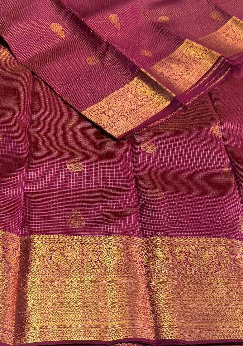 Purple Pure Vintage Kanchipuram Silk Saree With Traditional Woven Design For Women - Indya
