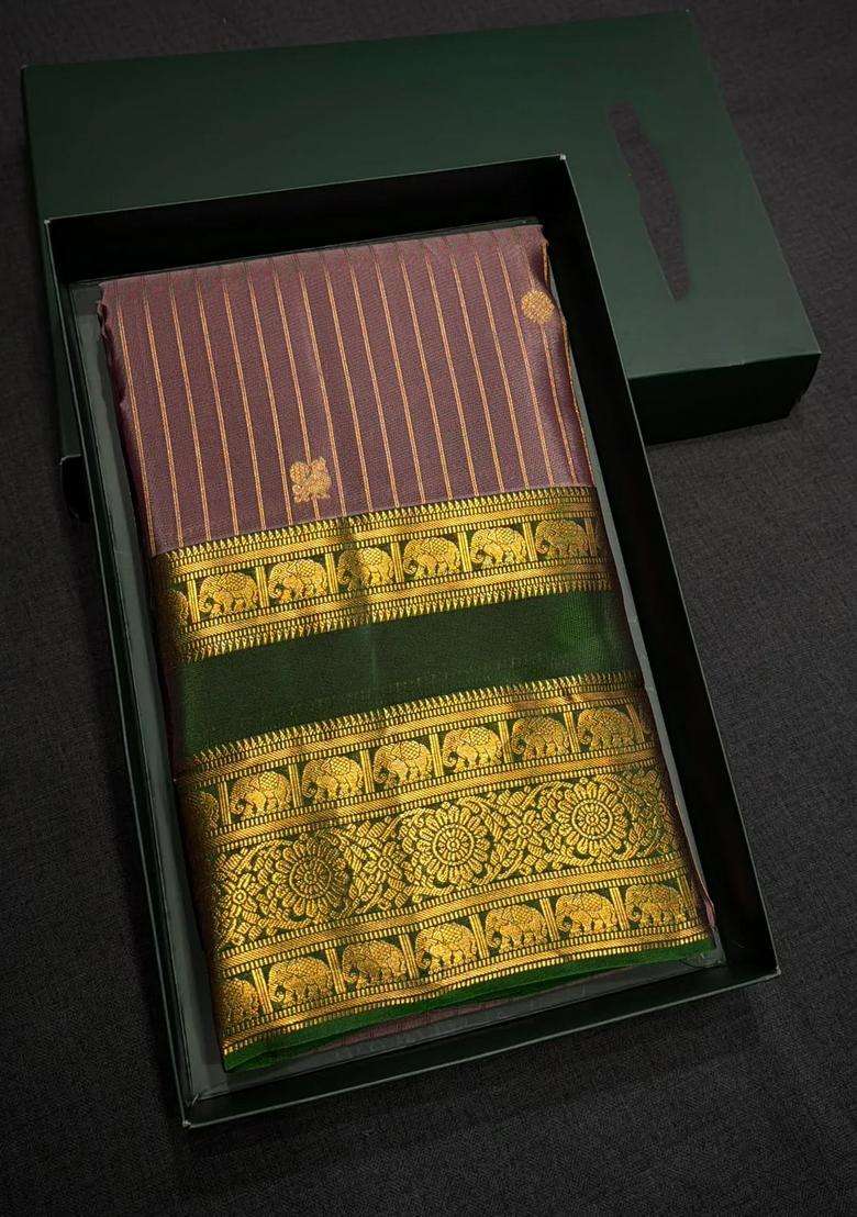 Lavender And Green Pure Vintage Kanchipuram Silk Saree With Traditional Woven Design For Women - Indya