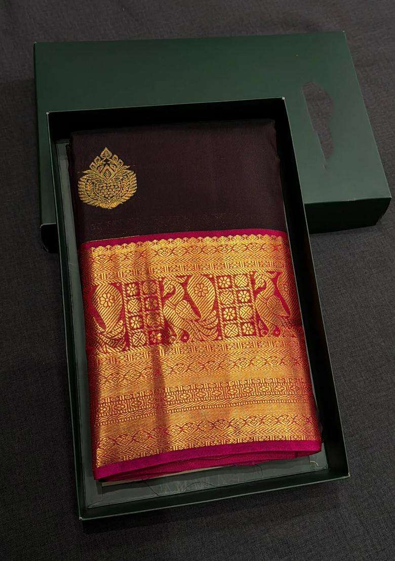 Purple And Rani Pink Pure Vintage Kanchipuram Silk Saree With Traditional Woven Design For Women - Indya