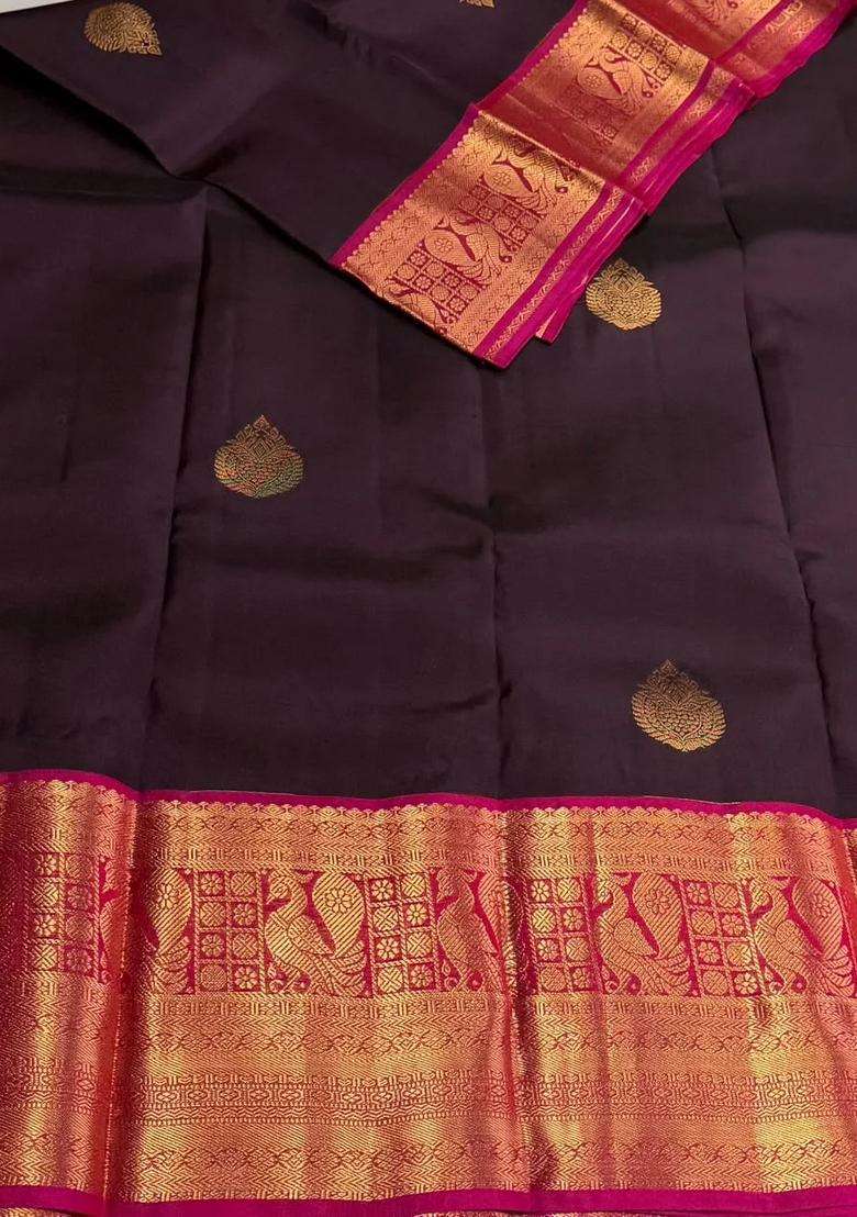 Purple And Rani Pink Pure Vintage Kanchipuram Silk Saree With Traditional Woven Design For Women - Indya