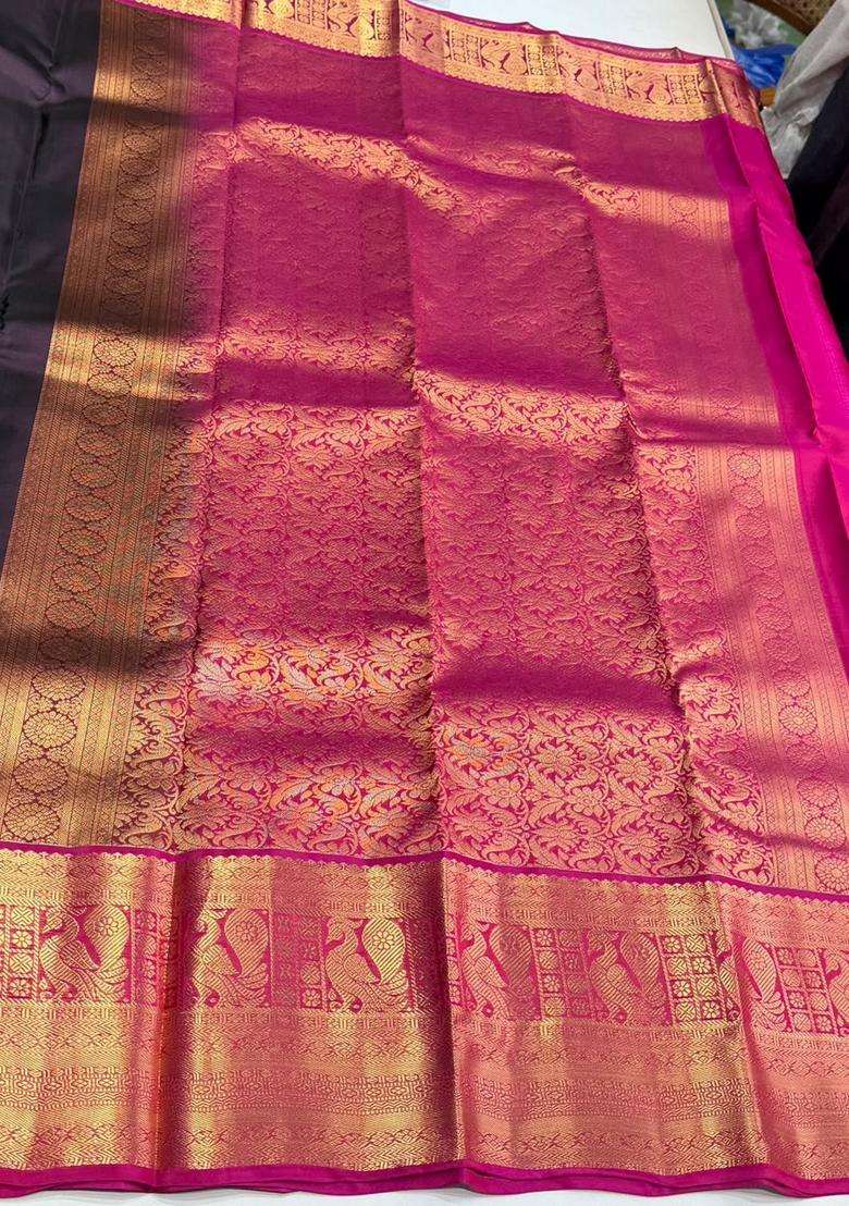 Purple And Rani Pink Pure Vintage Kanchipuram Silk Saree With Traditional Woven Design For Women - Indya