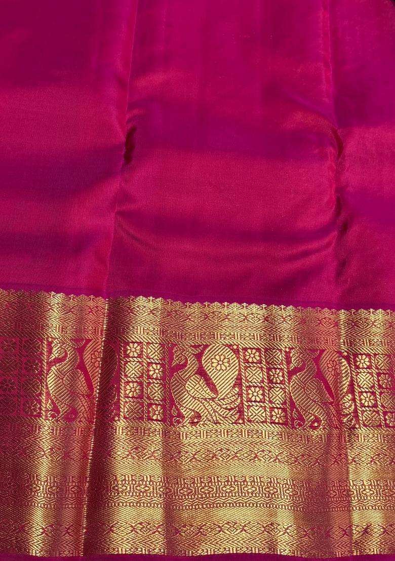 Purple And Rani Pink Pure Vintage Kanchipuram Silk Saree With Traditional Woven Design For Women - Indya