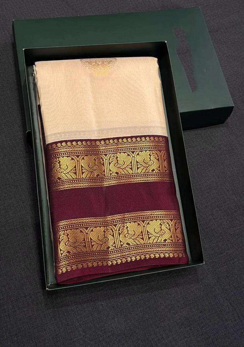 Sandal And Maroon Pure Vintage Kanchipuram Silk Saree With Traditional Woven Design For Women - Indya