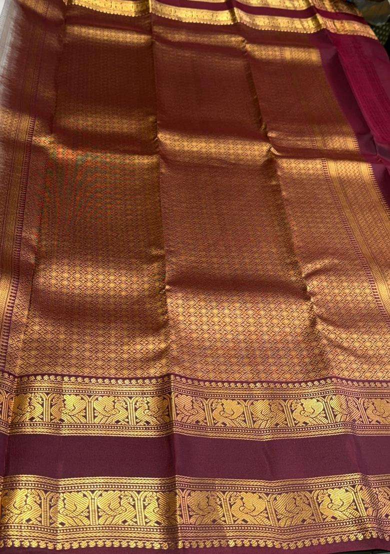 Sandal And Maroon Pure Vintage Kanchipuram Silk Saree With Traditional Woven Design For Women - Indya