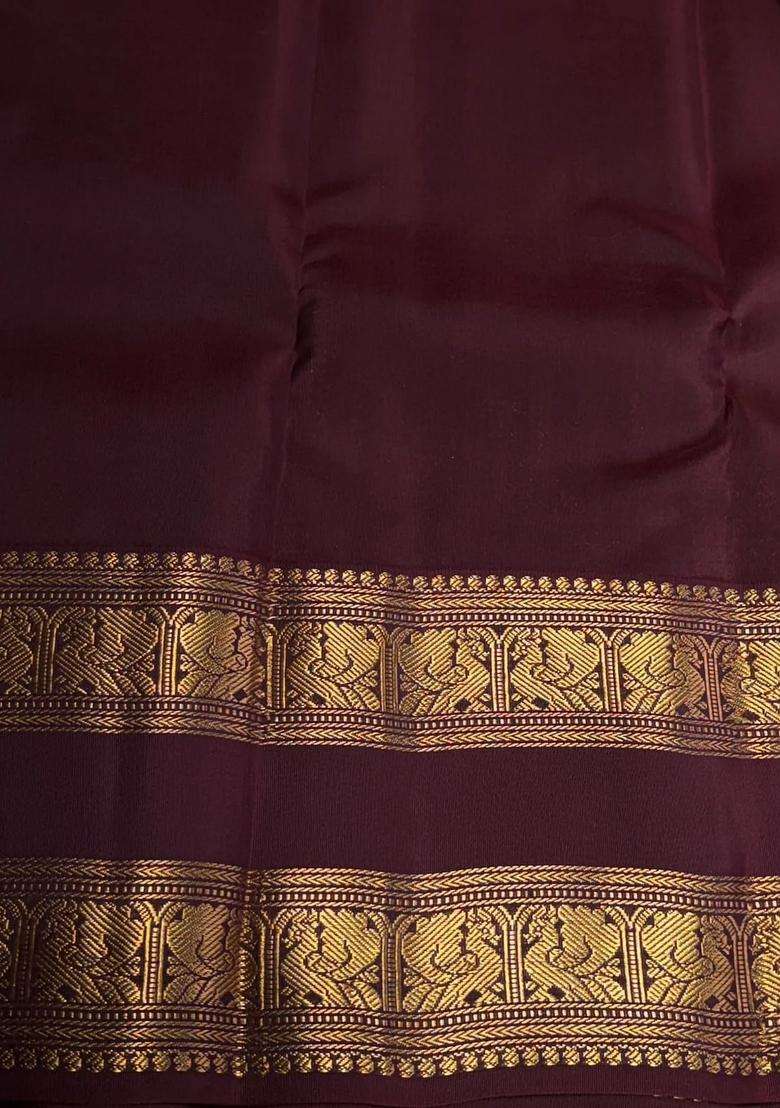 Sandal And Maroon Pure Vintage Kanchipuram Silk Saree With Traditional Woven Design For Women - Indya