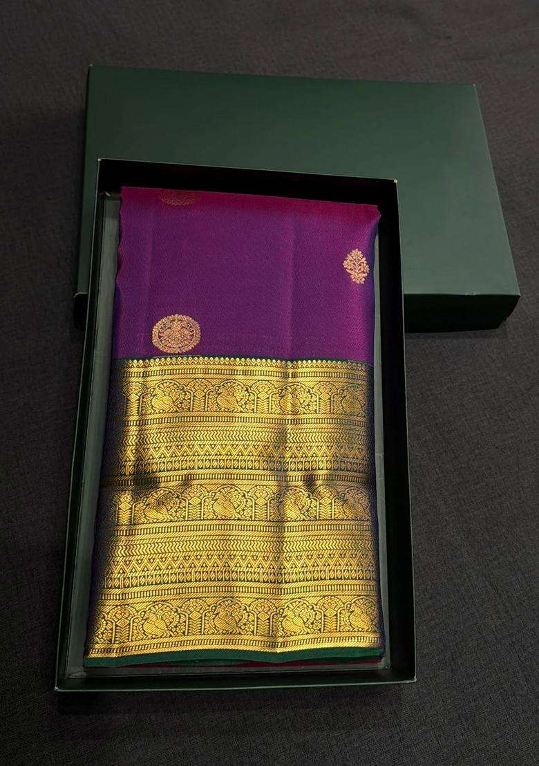 Purple And Peacock Blue Pure Vintage Kanchipuram Silk Saree With Traditional Woven Design For Women - Indya