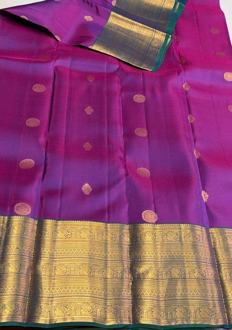 Purple And Peacock Blue Pure Vintage Kanchipuram Silk Saree With Traditional Woven Design For Women - Indya