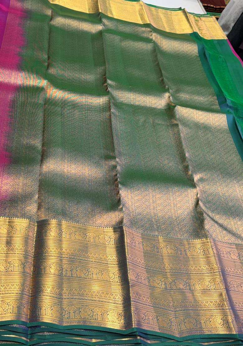 Purple And Peacock Blue Pure Vintage Kanchipuram Silk Saree With Traditional Woven Design For Women - Indya