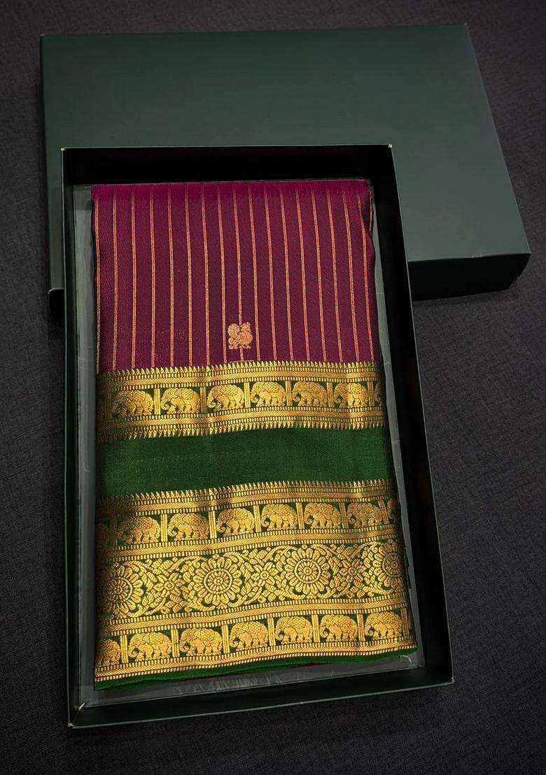 Purple And Green Pure Vintage Kanchipuram Silk Saree With Traditional Woven Design For Women - Indya