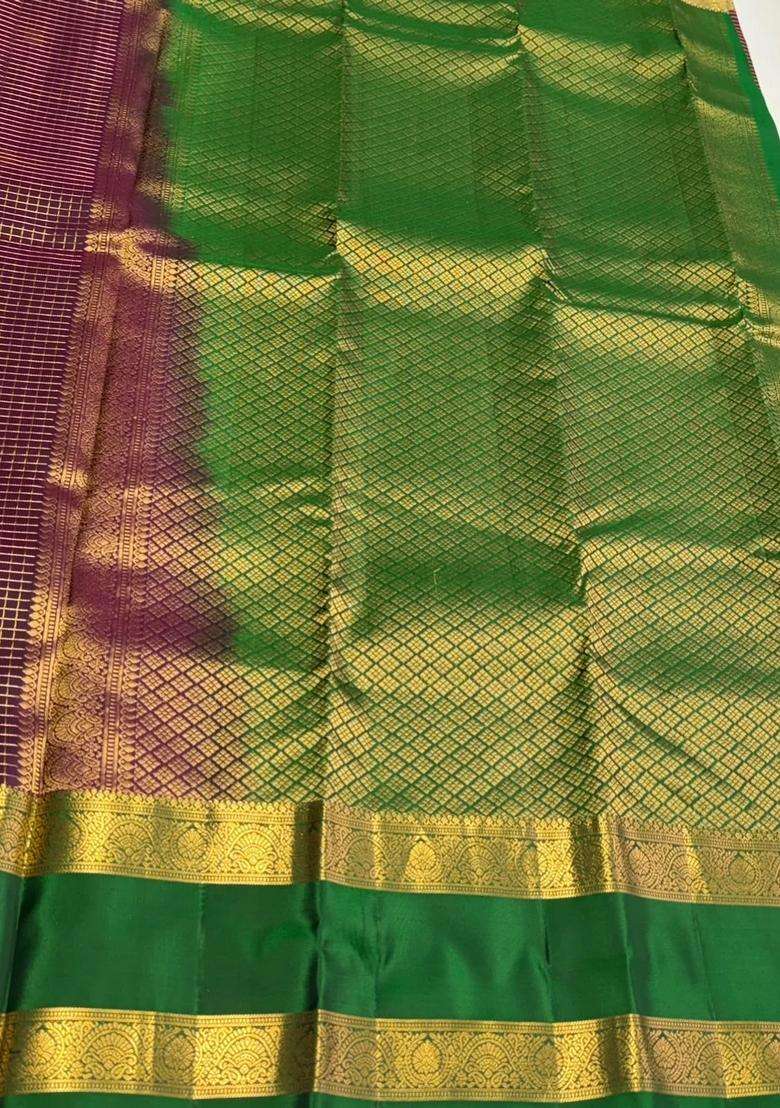 Purple And Green Pure Vintage Kanchipuram Silk Saree With Traditional Woven Design For Women - Indya