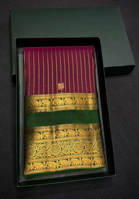Purple And Green Pure Vintage Kanchipuram Silk Saree With Traditional Woven Design For Women