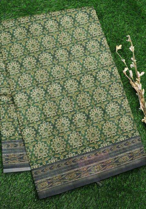 Semi Matka Art Silk Saree Green And Dark Grey With Allover Floral Butta Prints And Printed Border With Embroidered Design For Women