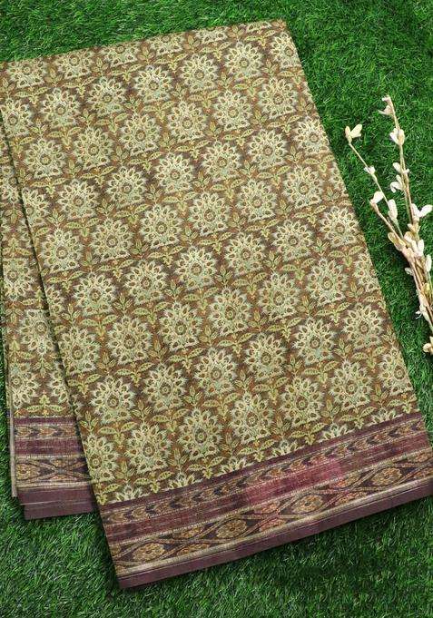 Semi Matka Art Silk Saree Greenish Brown With Allover Floral Butta Prints And Printed Border With Embroidered Design For Women
