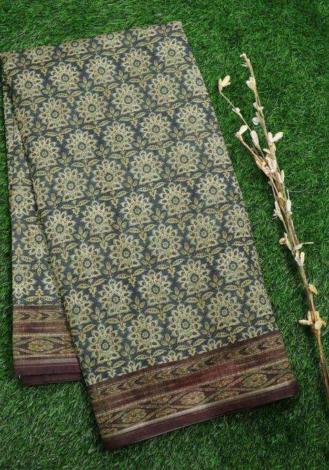 Semi Matka Art Silk Saree Elephant Grey And Brown With Allover Floral Butta Prints And Printed Border With Embroidered Design For Women
