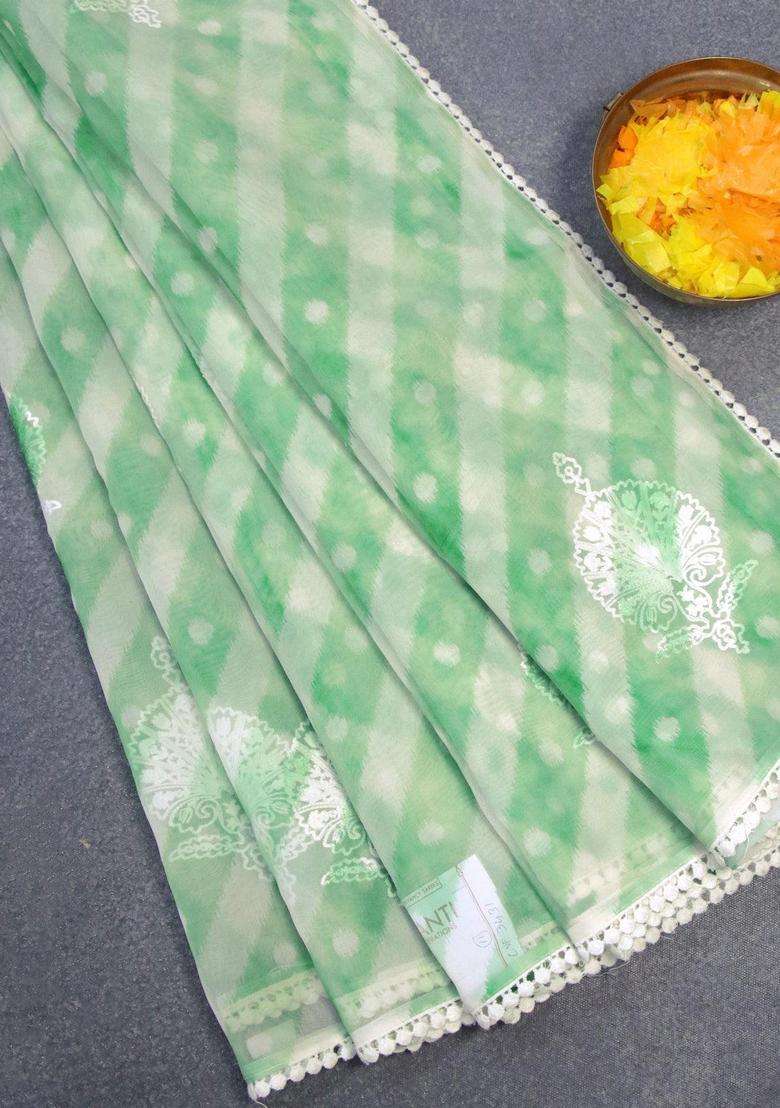 Semi Orangza Organza Saree Off White And Green With Allover Ikat Prints Embroidery Buttas And Crocia Lace Border With Embroidered Design For Women - Indya