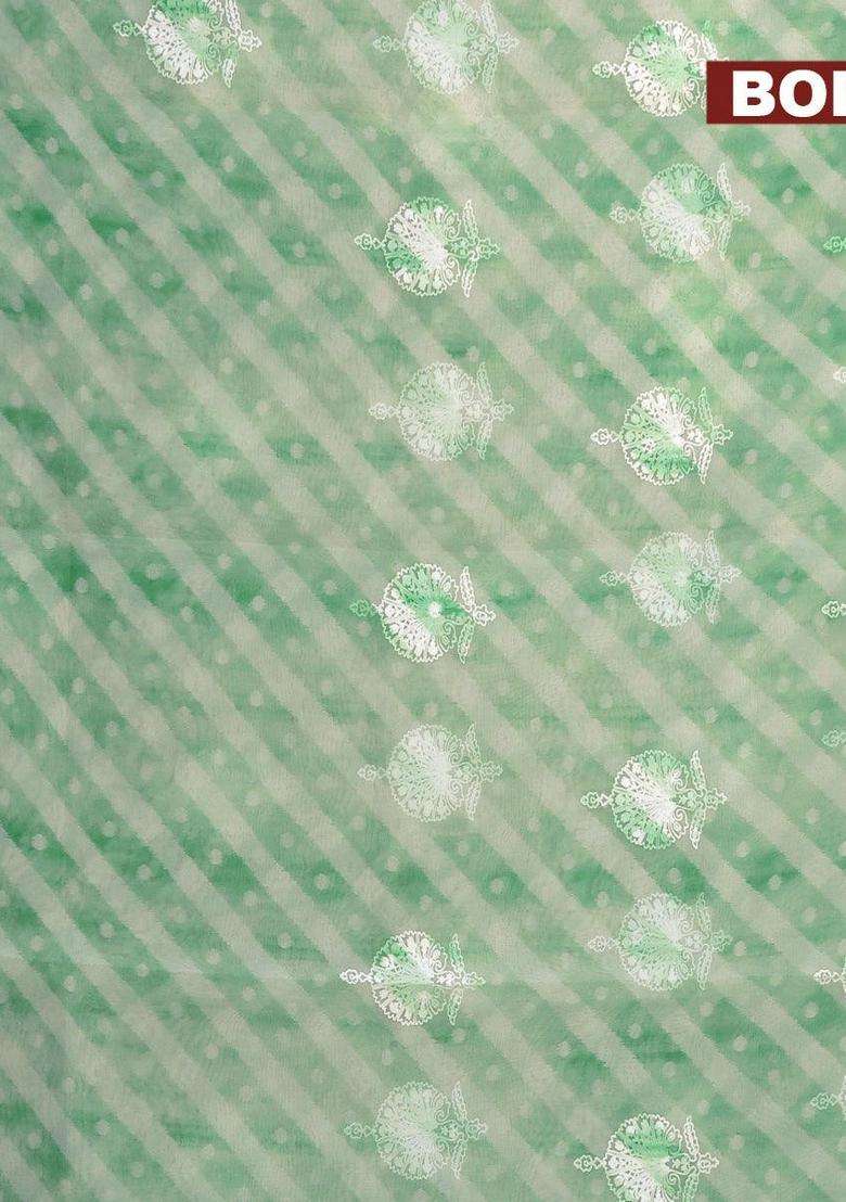 Semi Orangza Organza Saree Off White And Green With Allover Ikat Prints Embroidery Buttas And Crocia Lace Border With Embroidered Design For Women - Indya